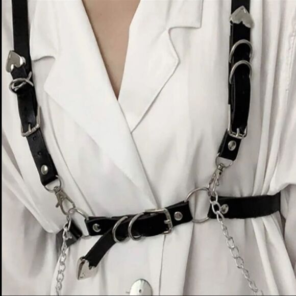 White Leather Suspender Harness Silver Hardware Statement Belt NEW